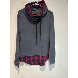 DJT Womens Charcoal Gray Layered Plaid Cowl Neck Hoodie Sweater Size L‎